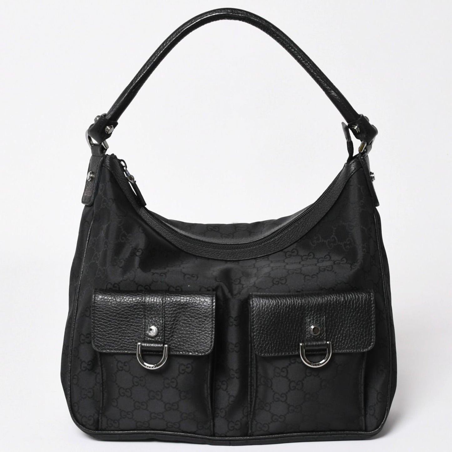 Gucci Hobo Handbag GG Canvas Leather Black Silver