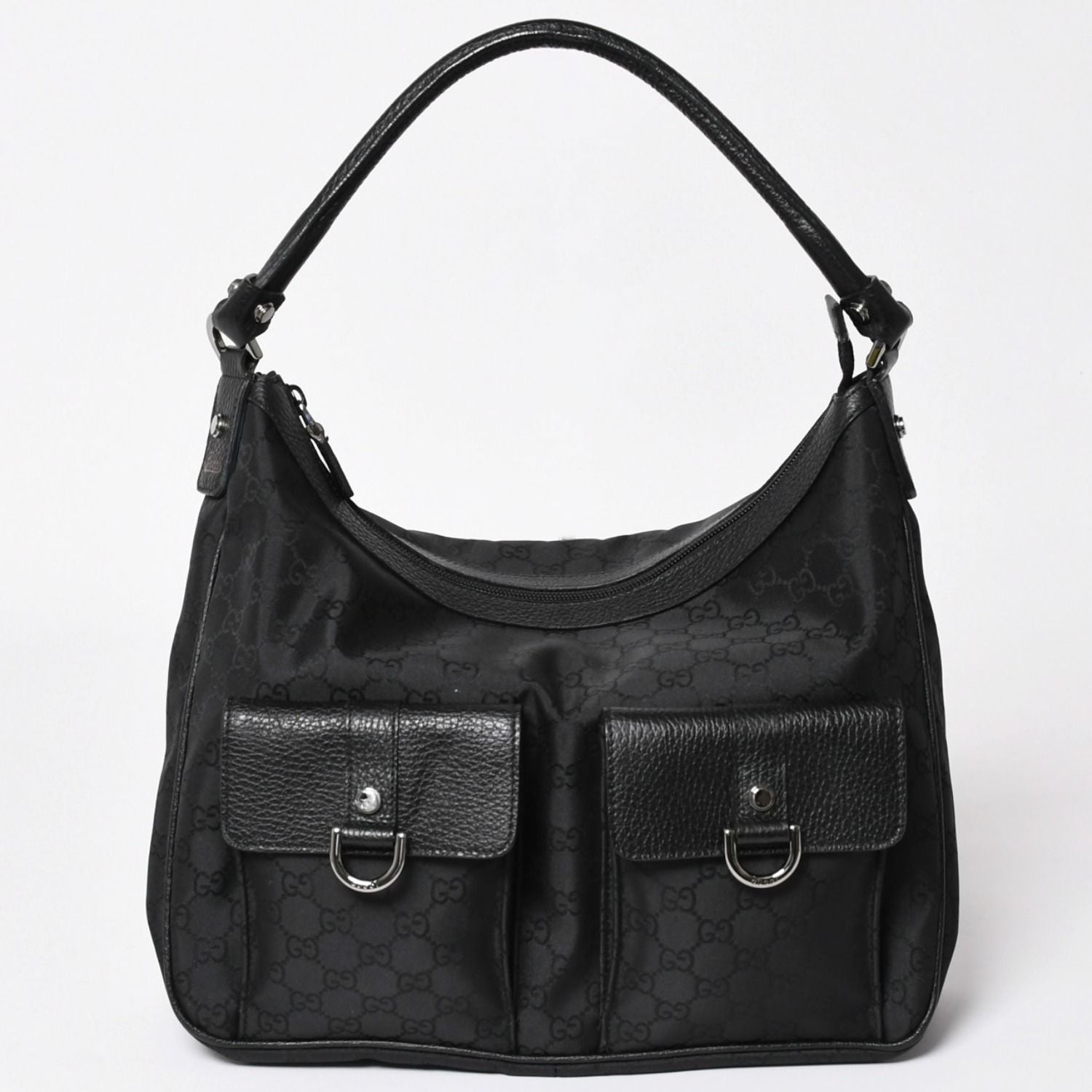 Gucci Hobo Handbag GG Canvas Leather Black Silver