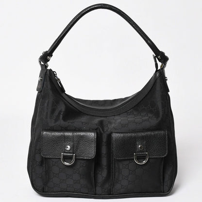 Gucci Hobo Handbag GG Canvas Leather Black Silver