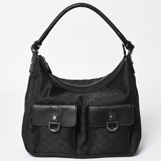 Gucci Hobo Handbag GG Canvas Leather Black Silver