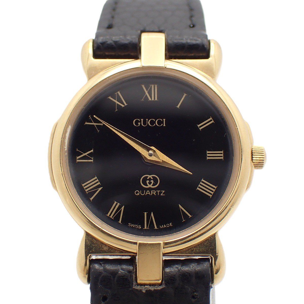 Gucci Quartz Watch Gold Black Dial Leather Strap