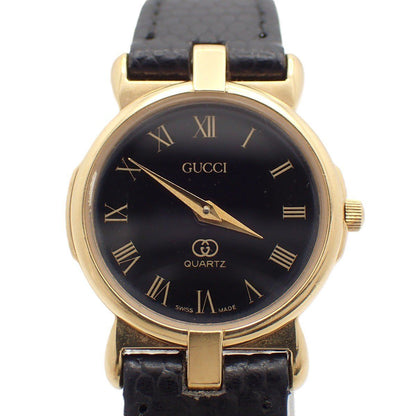 Gucci Quartz Watch Gold Black Dial Leather Strap