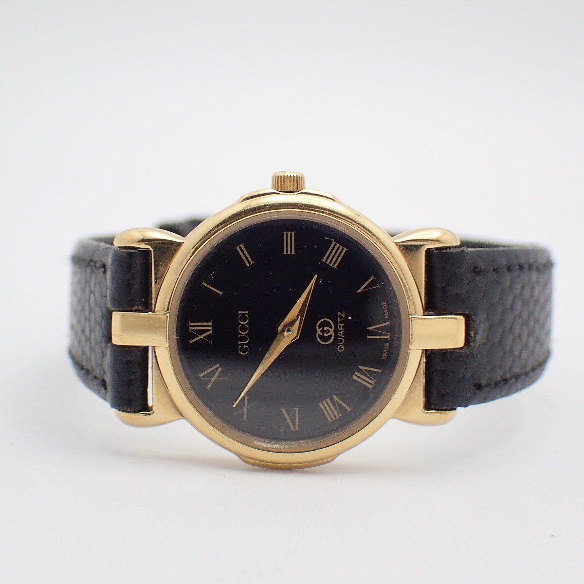 Gucci Quartz Watch Gold Black Dial Leather Strap — view 2