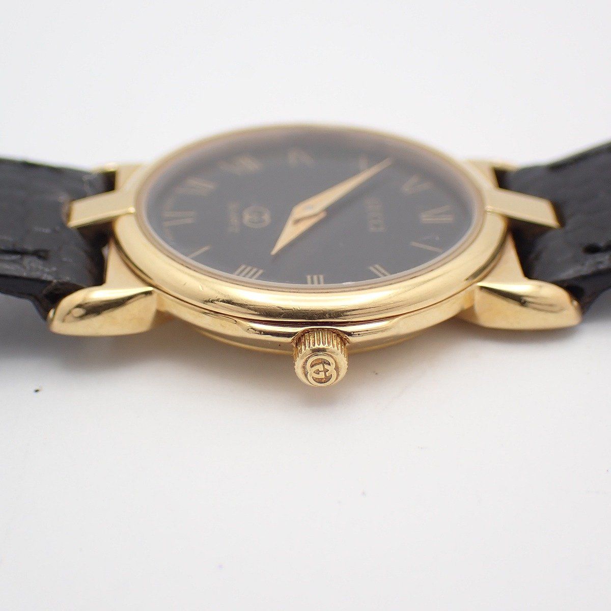 Gucci Quartz Watch Gold Black Dial Leather Strap — view 7