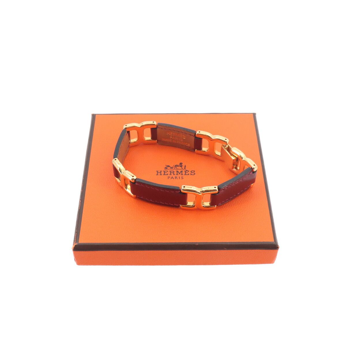 Hermes Motif Bracelet Bangle Leather Rouge Ash Gold — view 2