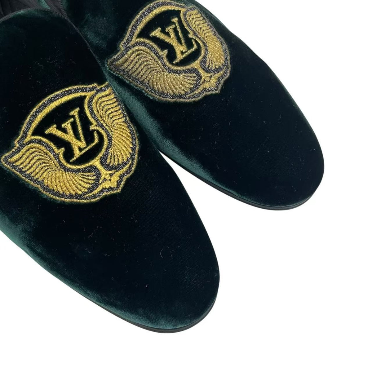 Louis Vuitton Loafers LV Logo Velour Embroidery Gold Thread Green 8.5 — view 5