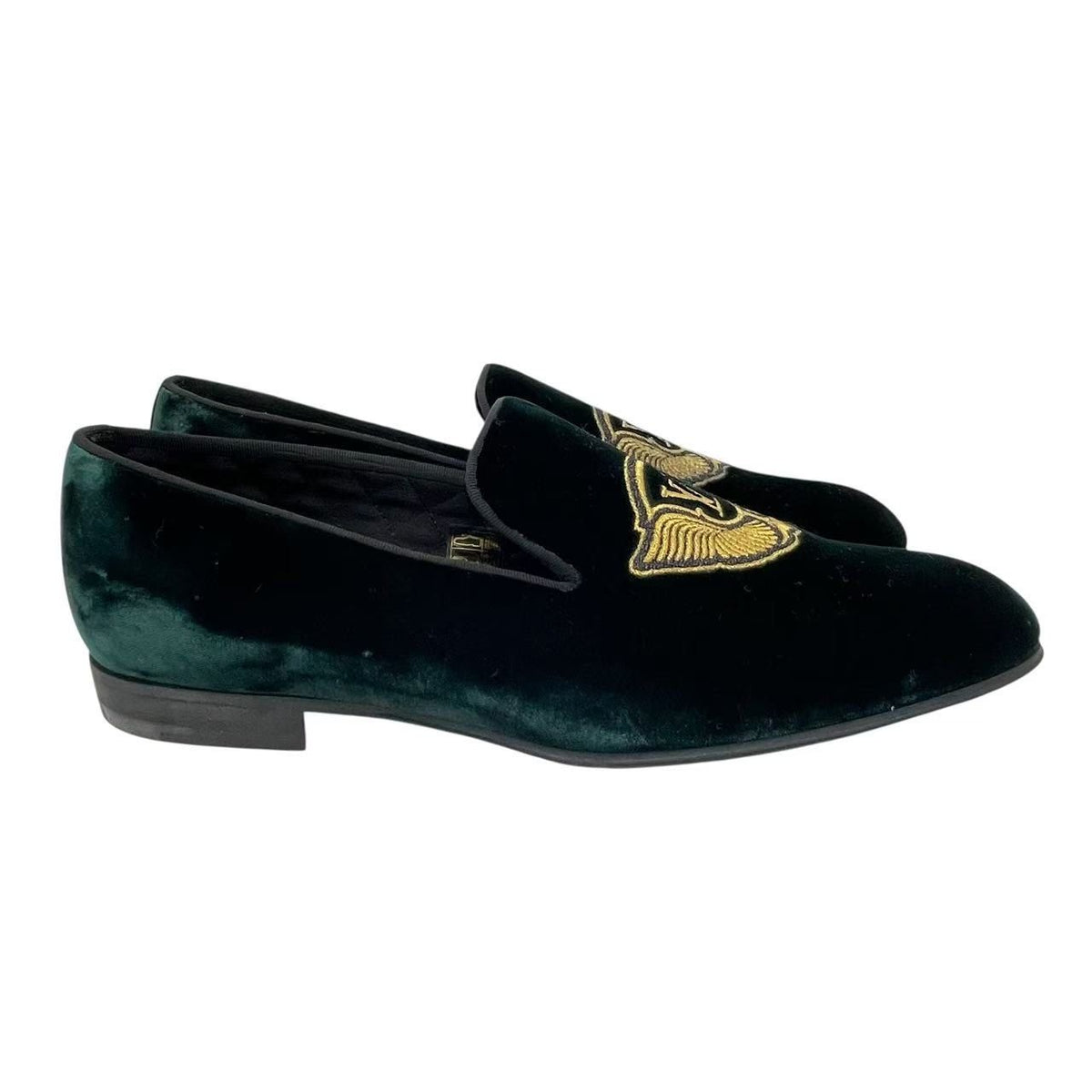 Louis Vuitton Loafers LV Logo Velour Embroidery Gold Thread Green 8.5 — view 3
