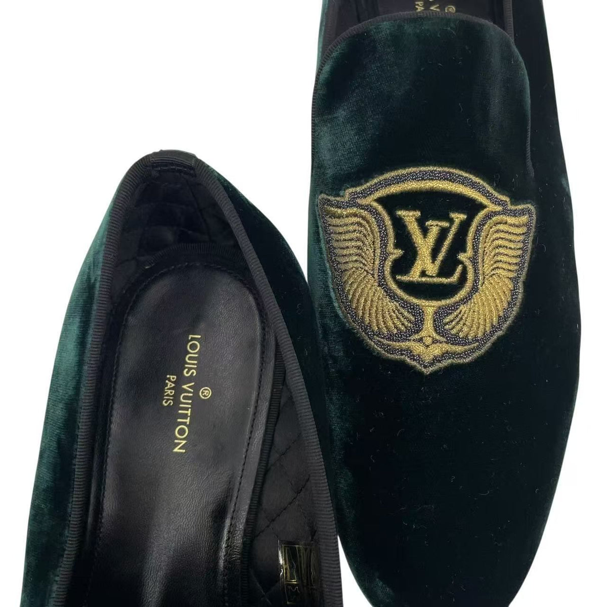 Louis Vuitton Loafers LV Logo Velour Embroidery Gold Thread Green 8.5 — view 7