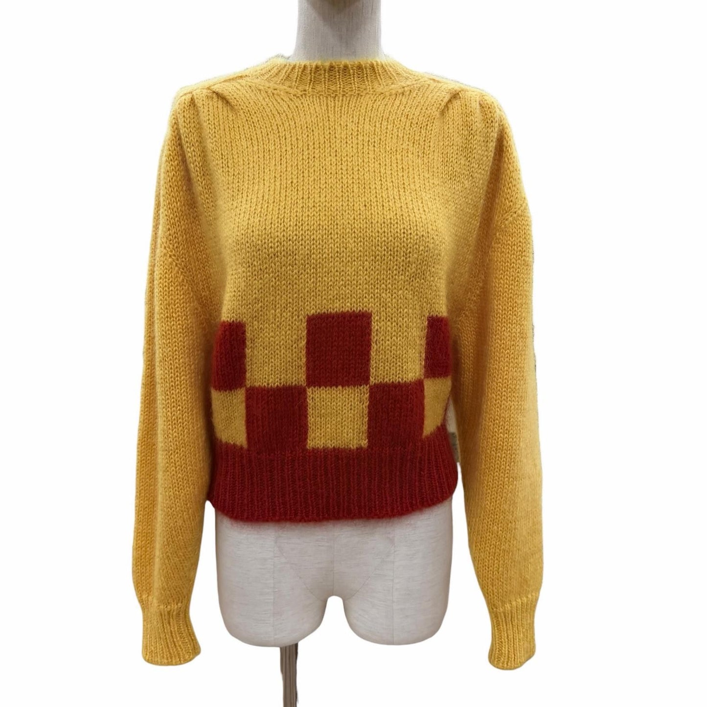Miu Miu Checkered Pattern Mohair Long Sleeve Knit Sweater Yellow Red 38