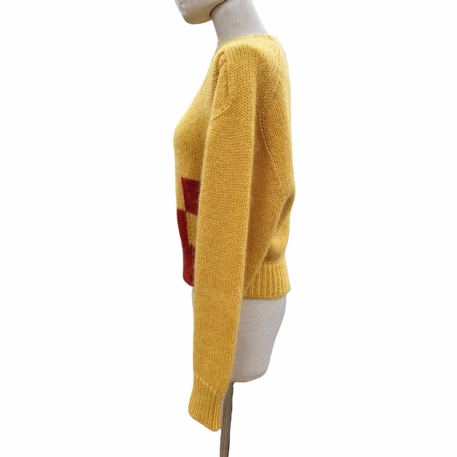 Miu Miu Checkered Pattern Mohair Long Sleeve Knit Sweater Yellow Red 38 — view 2