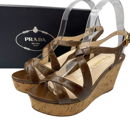 Prada Strap Sandals Leather Platform Thick Sole Wedge Brown