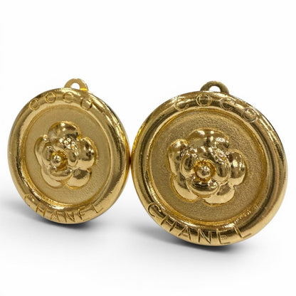 Chanel 97P Vintage Camellia Round Earrings Gold