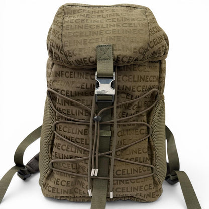 Celine Canvas Partial Leather Logo All Over Pattern Trekking Backpack Khaki
