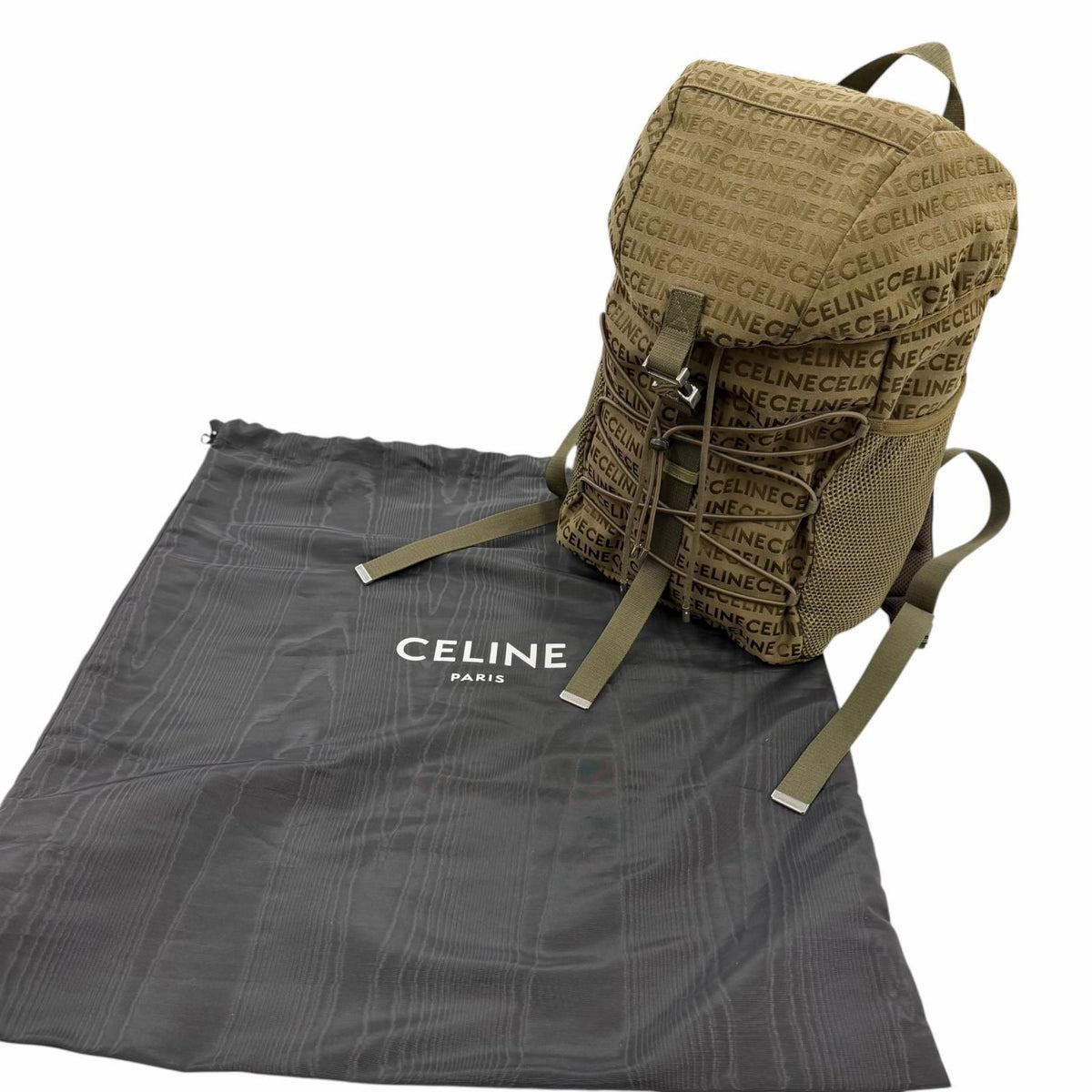 Celine Canvas Partial Leather Logo All Over Pattern Trekking Backpack Khaki — view 2