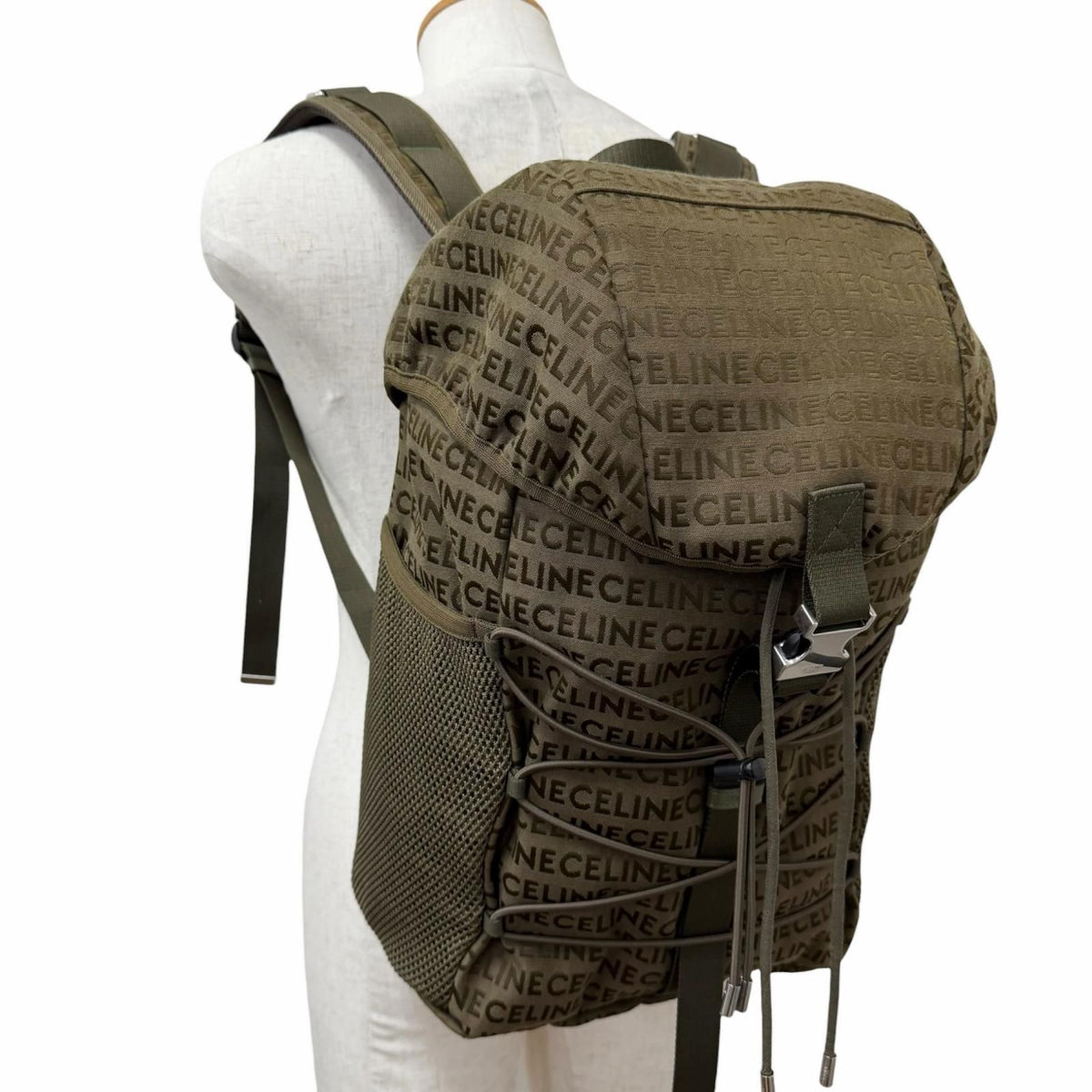 Celine Canvas Partial Leather Logo All Over Pattern Trekking Backpack Khaki — view 3