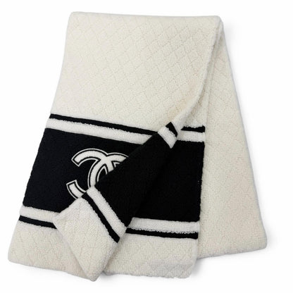 Chanel Cashmere Quilted CC Logo Large Shawl Scarf Black White — view 3