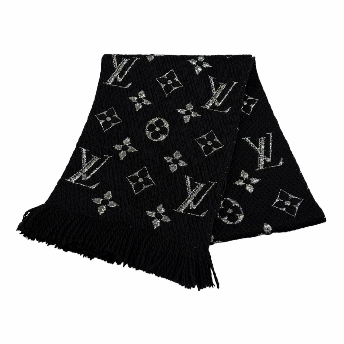 Louis Vuitton Echarpe Logomania Shine Wool Silk Blend Scarf With Fringe Black