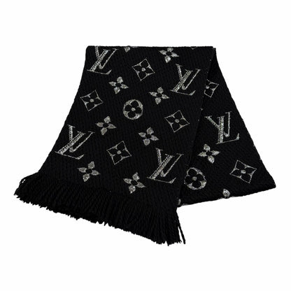 Louis Vuitton Echarpe Logomania Shine Wool Silk Blend Scarf With Fringe Black