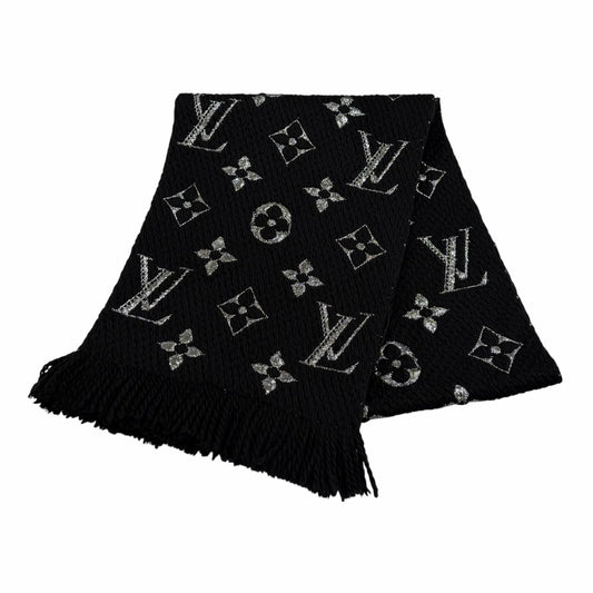 Louis Vuitton Echarpe Logomania Shine Wool Silk Blend Scarf With Fringe Black