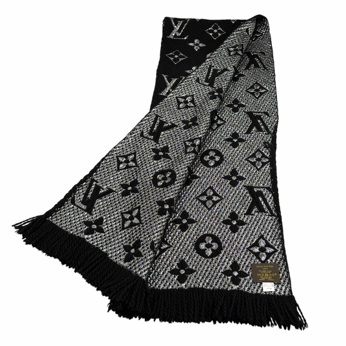 Louis Vuitton Echarpe Logomania Shine Wool Silk Blend Scarf With Fringe Black — view 2