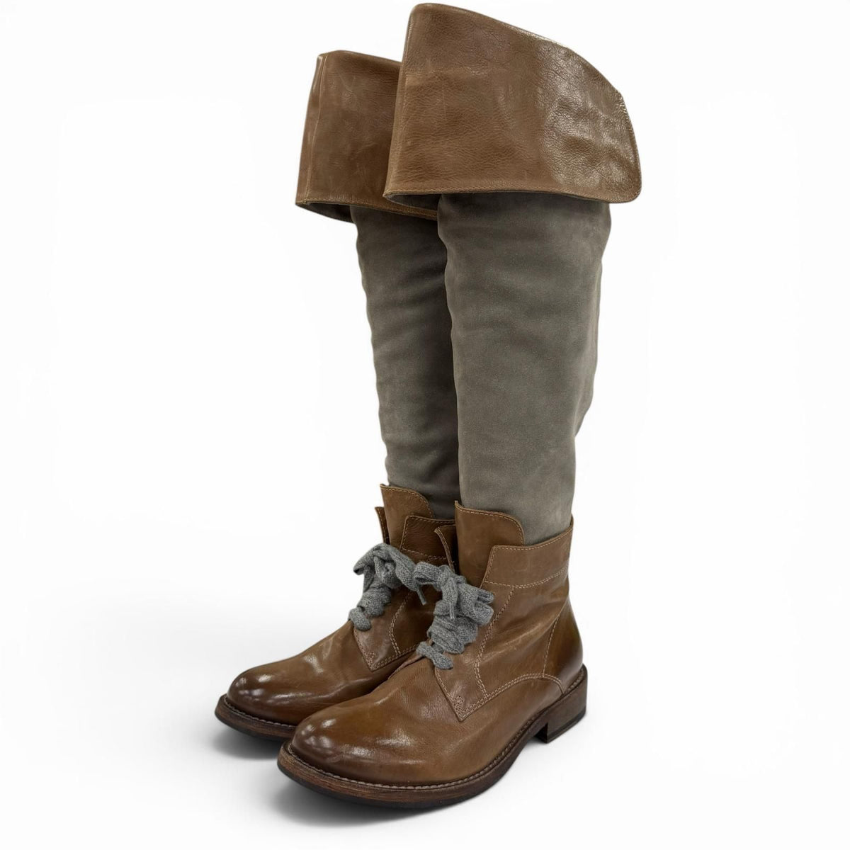 Brunello Cucinelli Leather Suede Paneled Long Boots Brown Gray