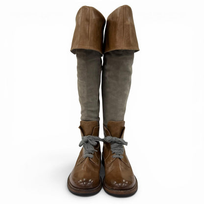 Brunello Cucinelli Leather Suede Paneled Long Boots Brown Gray — view 3