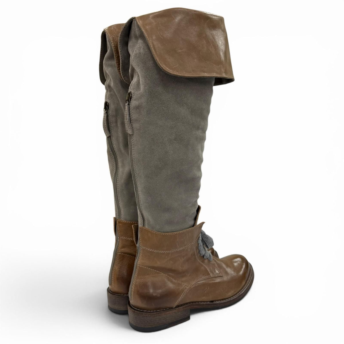 Brunello Cucinelli Leather Suede Paneled Long Boots Brown Gray — view 2