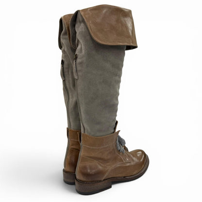 Brunello Cucinelli Leather Suede Paneled Long Boots Brown Gray — view 2