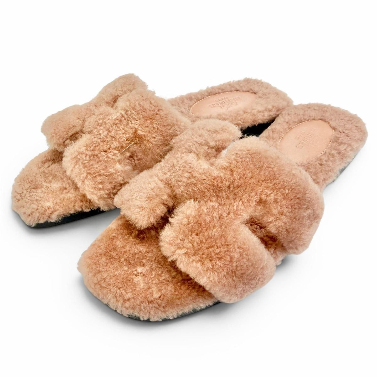 Hermes Oran Motif Shearling Flat Sandals Pink Beige