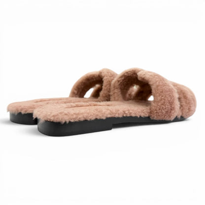 Hermes Oran Motif Shearling Flat Sandals Pink Beige — view 7