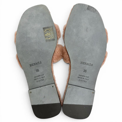 Hermes Oran Motif Shearling Flat Sandals Pink Beige — view 8