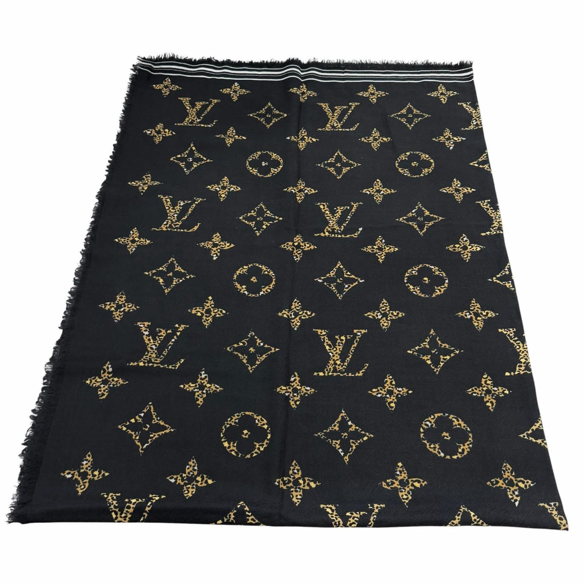 Louis Vuitton Wool With Logo Monogram Leopard With Fringe Shawl Black Scarf — view 5