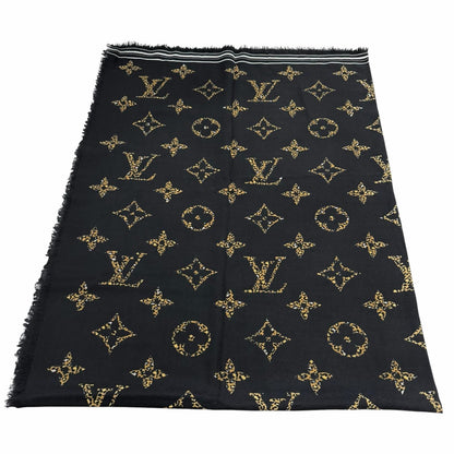 Louis Vuitton Wool With Logo Monogram Leopard With Fringe Shawl Black Scarf — view 5