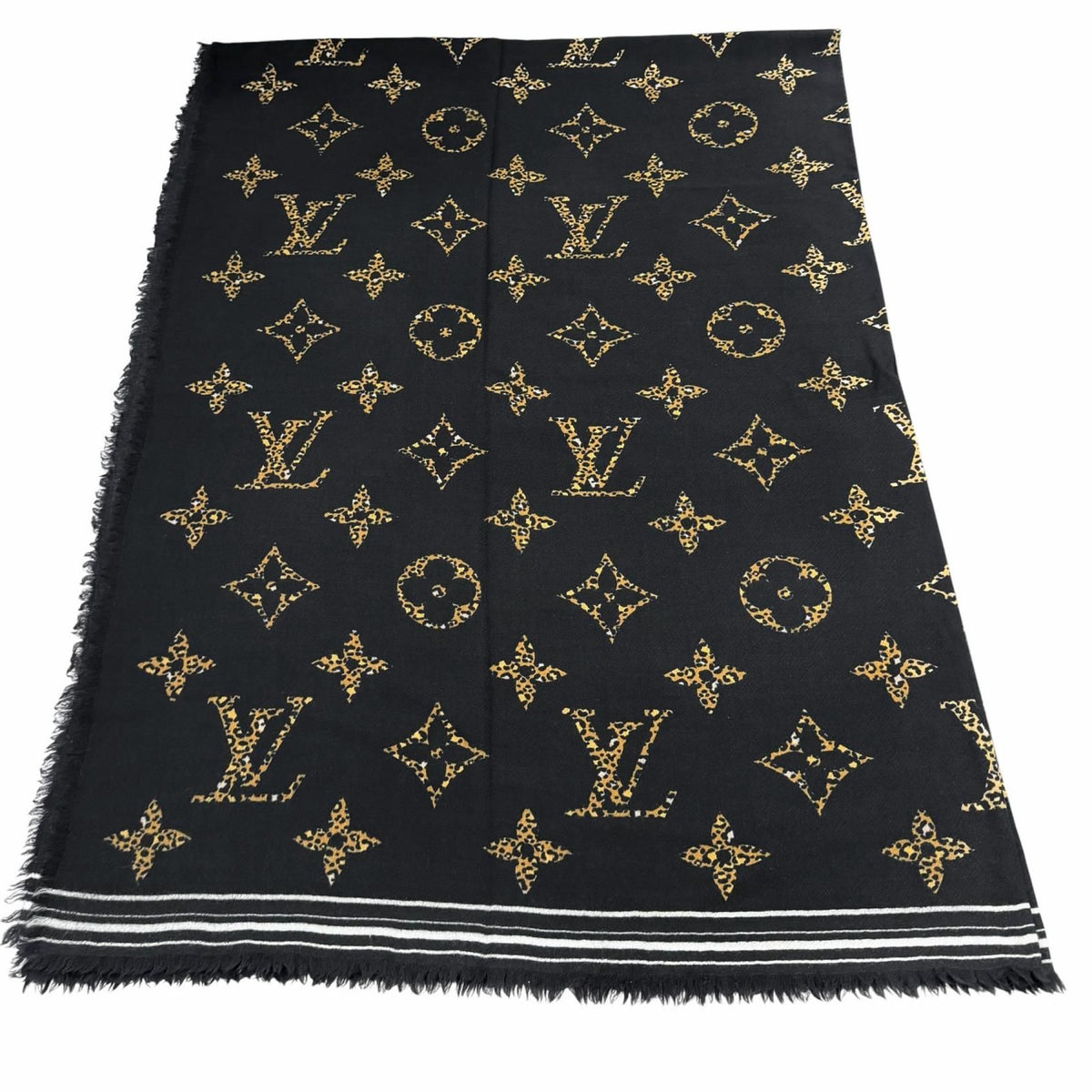 Louis Vuitton Wool With Logo Monogram Leopard With Fringe Shawl Black Scarf — view 8