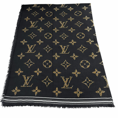 Louis Vuitton Wool With Logo Monogram Leopard With Fringe Shawl Black Scarf — view 8