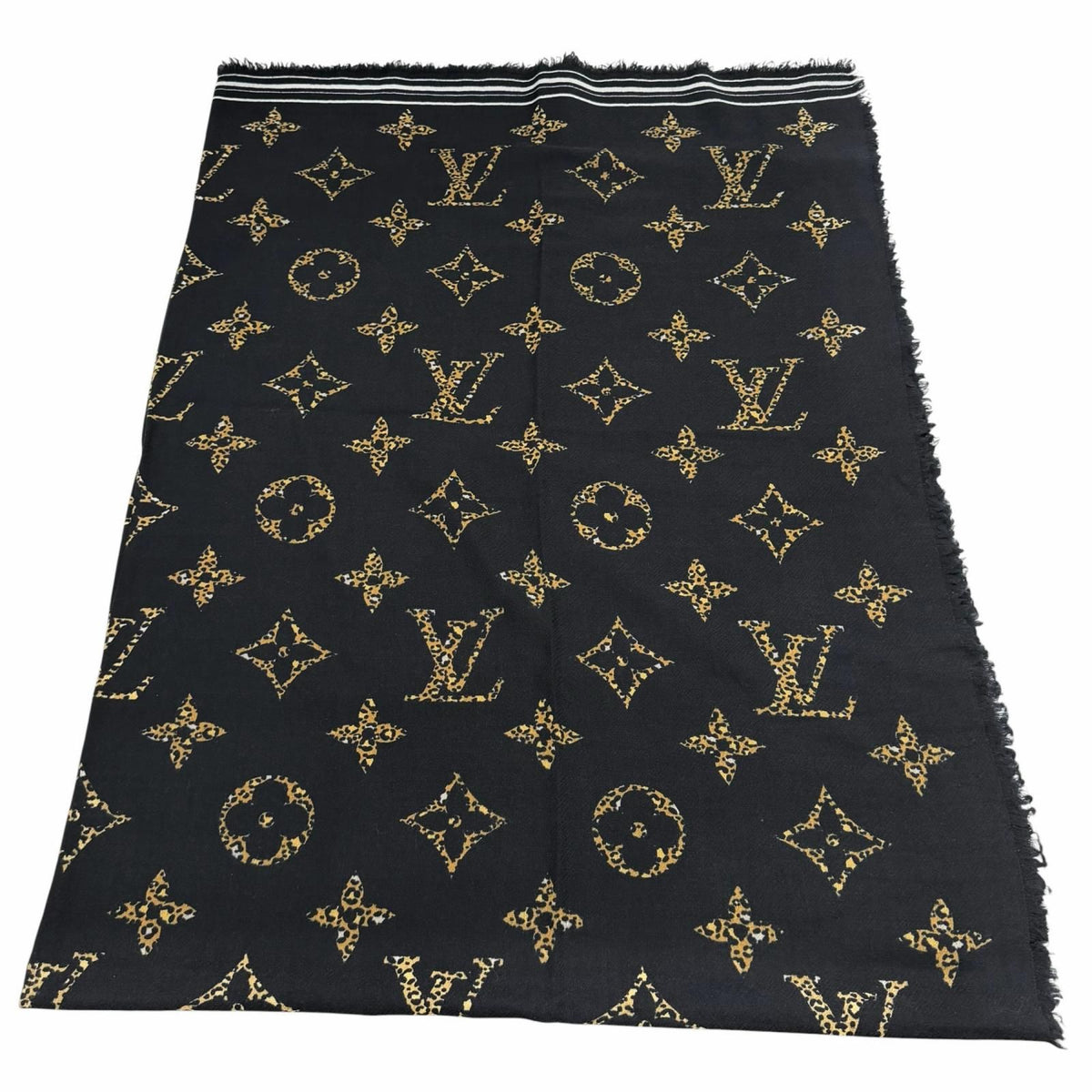 Louis Vuitton Wool With Logo Monogram Leopard With Fringe Shawl Black Scarf — view 6