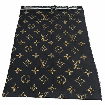 Louis Vuitton Wool With Logo Monogram Leopard With Fringe Shawl Black Scarf — view 6