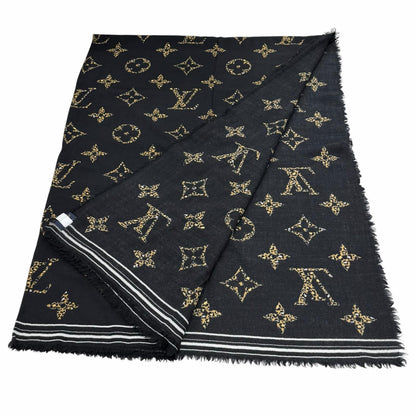Louis Vuitton Wool With Logo Monogram Leopard With Fringe Shawl Black Scarf — view 2