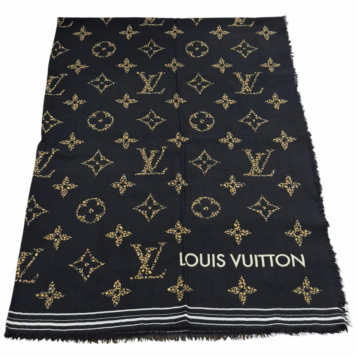 Louis Vuitton Wool With Logo Monogram Leopard With Fringe Shawl Black Scarf — view 7