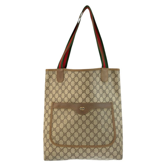 Gucci Vintage Sherry Line Beige GG Supreme Canvas Tote Shoulder Bag