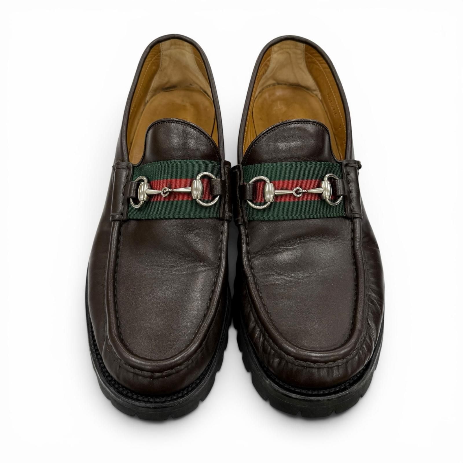 Gucci Web Line Horsebit Loafers Leather Shoes Brown Silver 9 — view 2