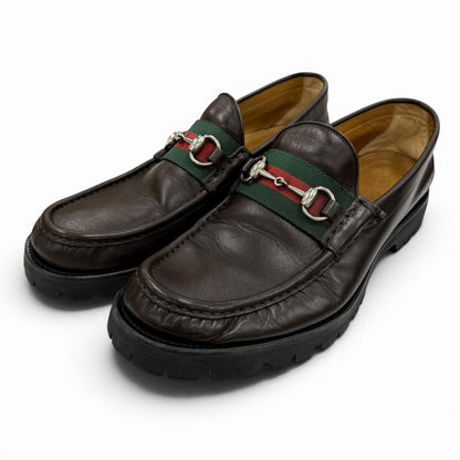 Gucci Web Line Horsebit Loafers Leather Shoes Brown Silver 9