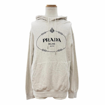 Prada 100% Cotton Front Logo Print Pullover Hoodie Light Gray