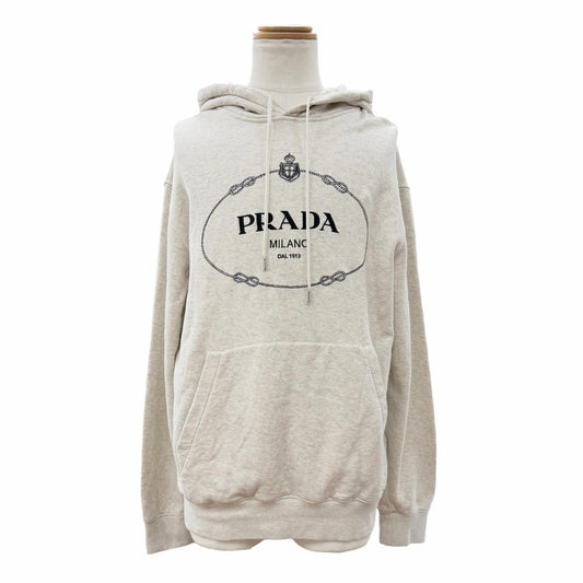 Prada 100% Cotton Front Logo Print Pullover Hoodie Light Gray