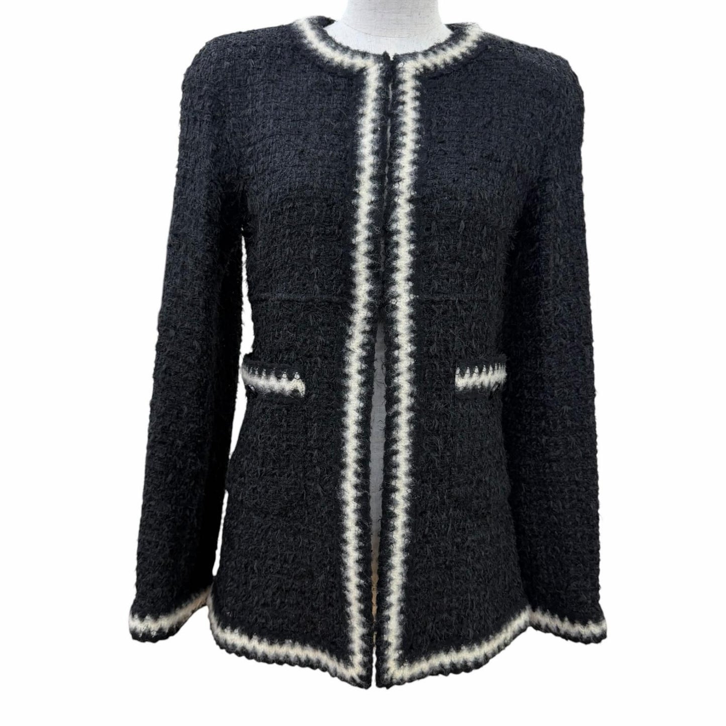 Chanel Vintage Mohair Blend Coco Button Knit Tweed Collarless Jacket Black 36