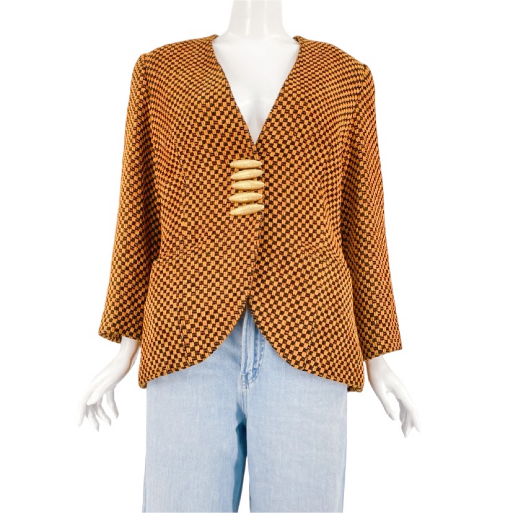 Dior Jacket Wool Blend Gold Button Plaid Pattern CD Logo Orange
