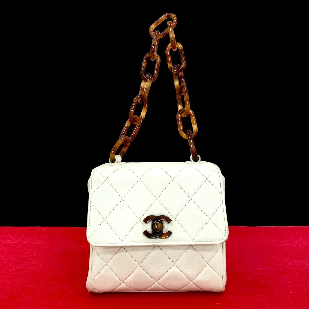 Chanel Quilted CC Logo Lambskin Chain Mini Handbag White Brown