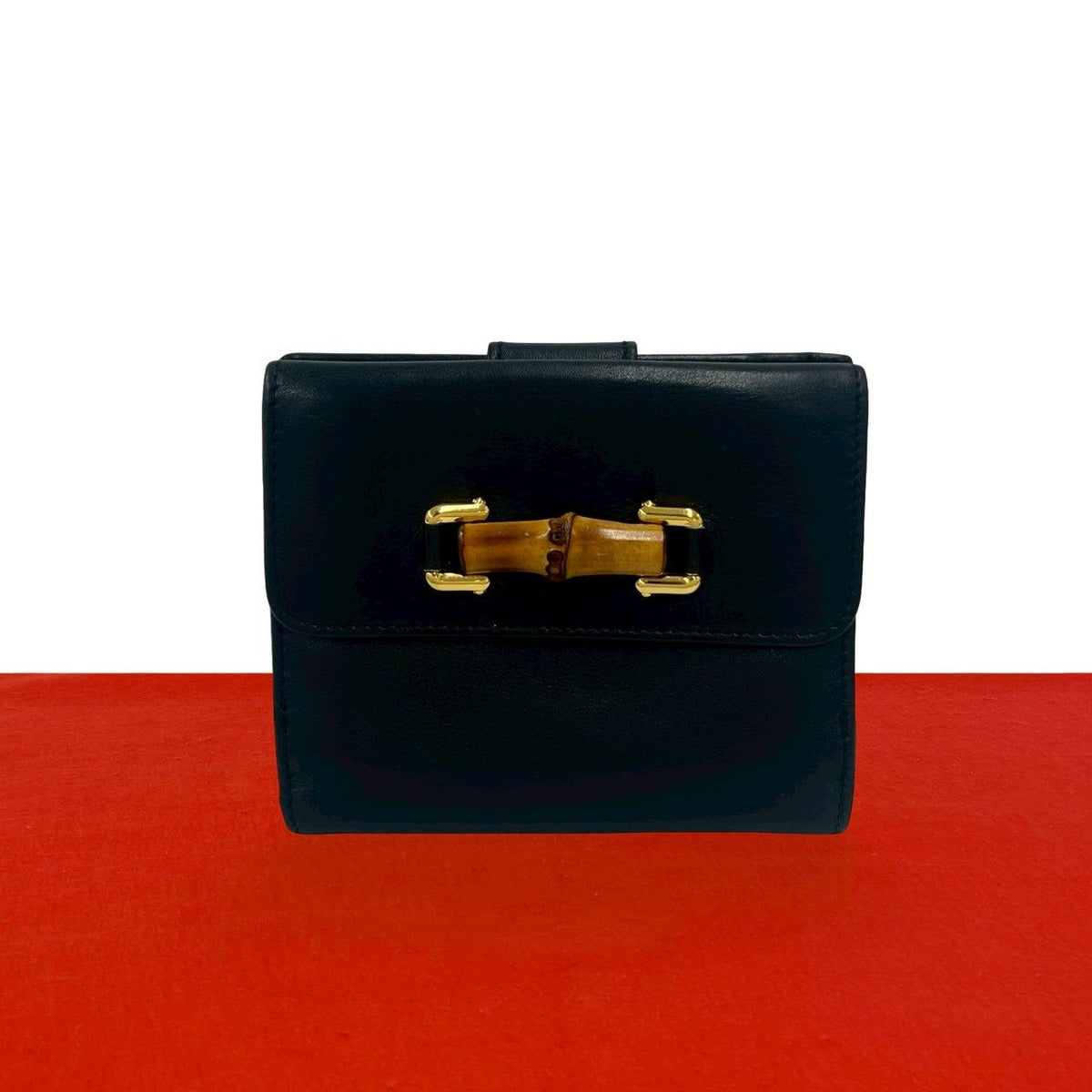 Gucci Vintage Bamb Leather Bifold Wallet Billfold Coin Purse Dark Navy