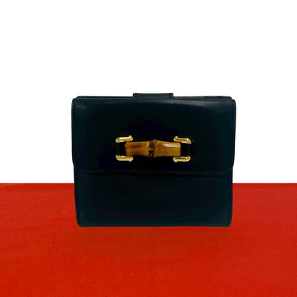 Gucci Vintage Bamb Leather Bifold Wallet Billfold Coin Purse Dark Navy
