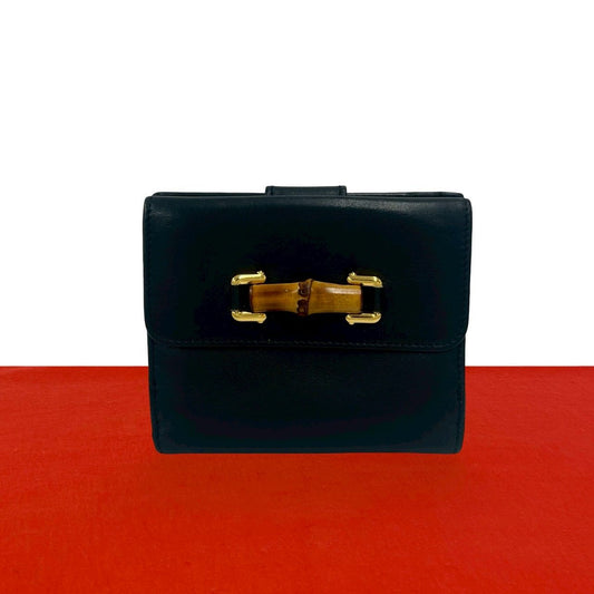 Gucci Vintage Bamb Leather Bifold Wallet Billfold Coin Purse Dark Navy
